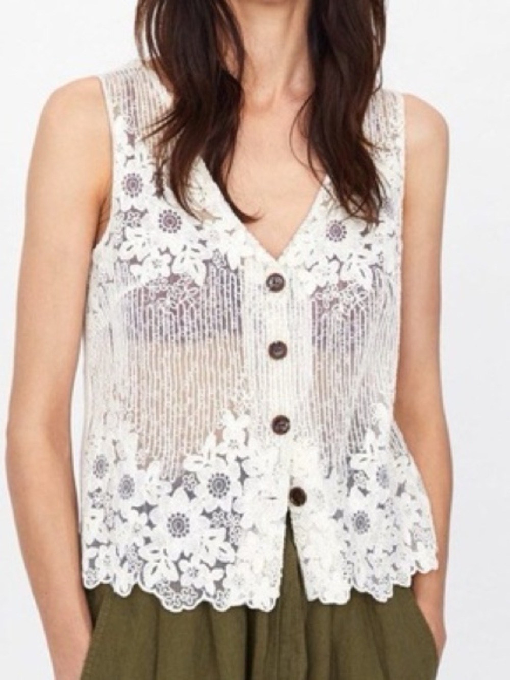 Zara Ivory Floral Lace Crochet Vest Button Front linen blend floral Scalloped XS